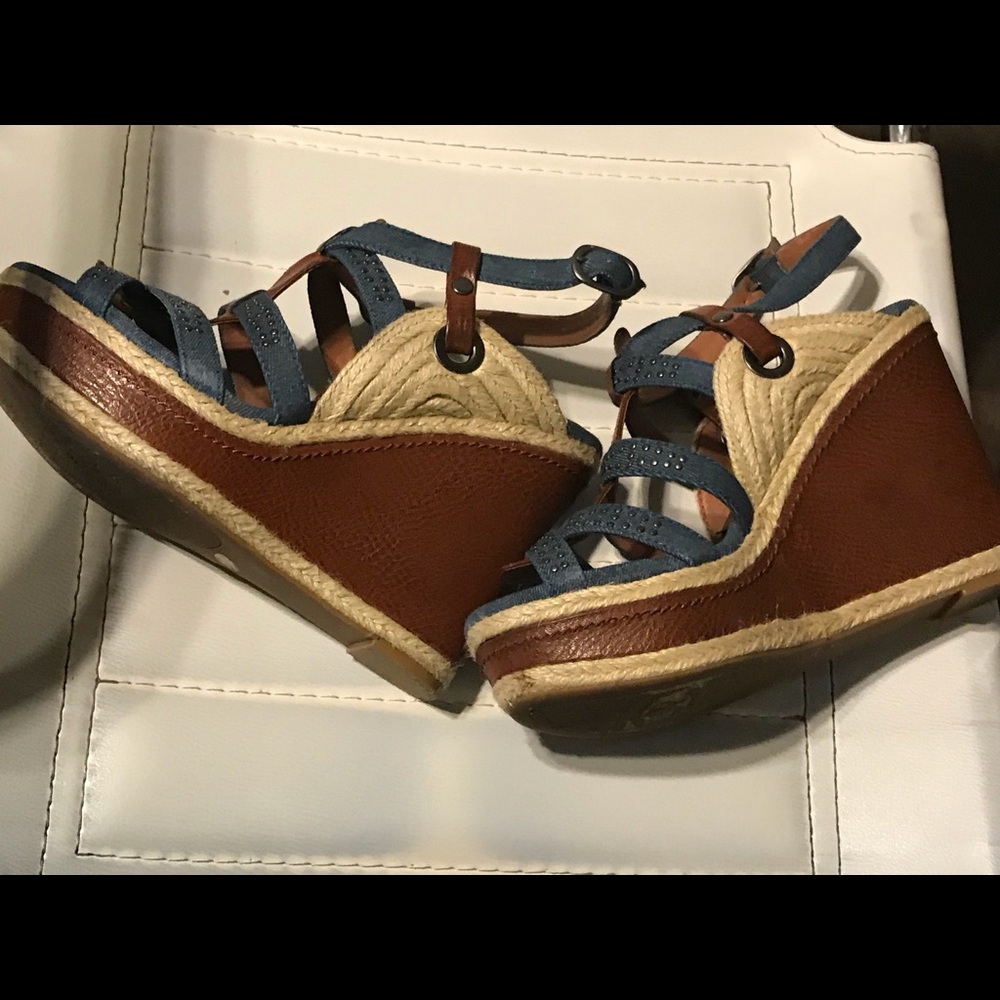 Lucky Brand, denim wedge w/ leather heel